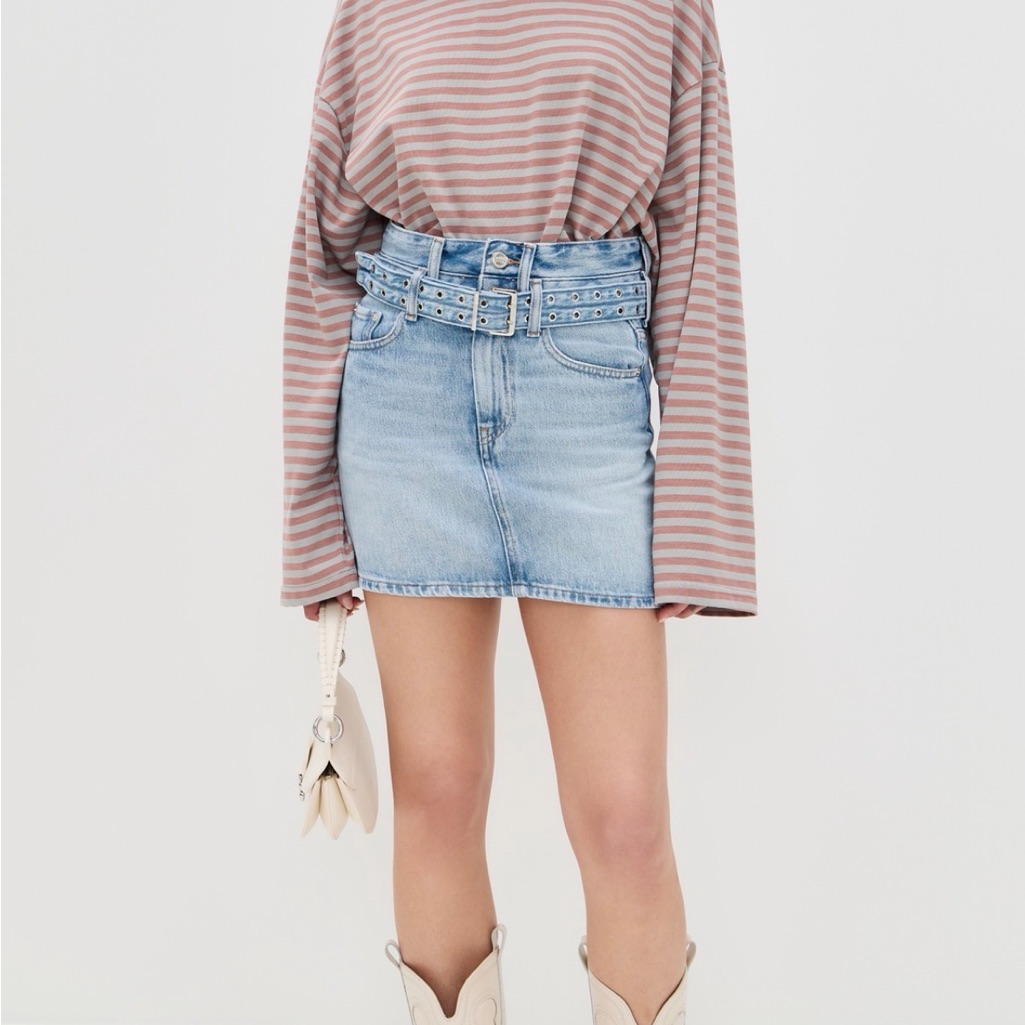 Nwt Ganni Light Belted Blue Denim Mini Skirt